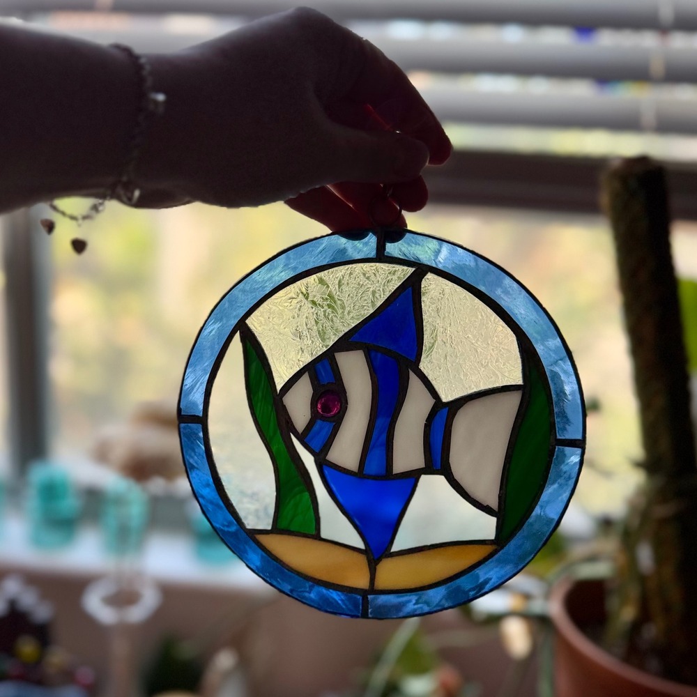 Vintage Stained Glass Fish Suncatcher Blue White Tropical Nautical Window Art